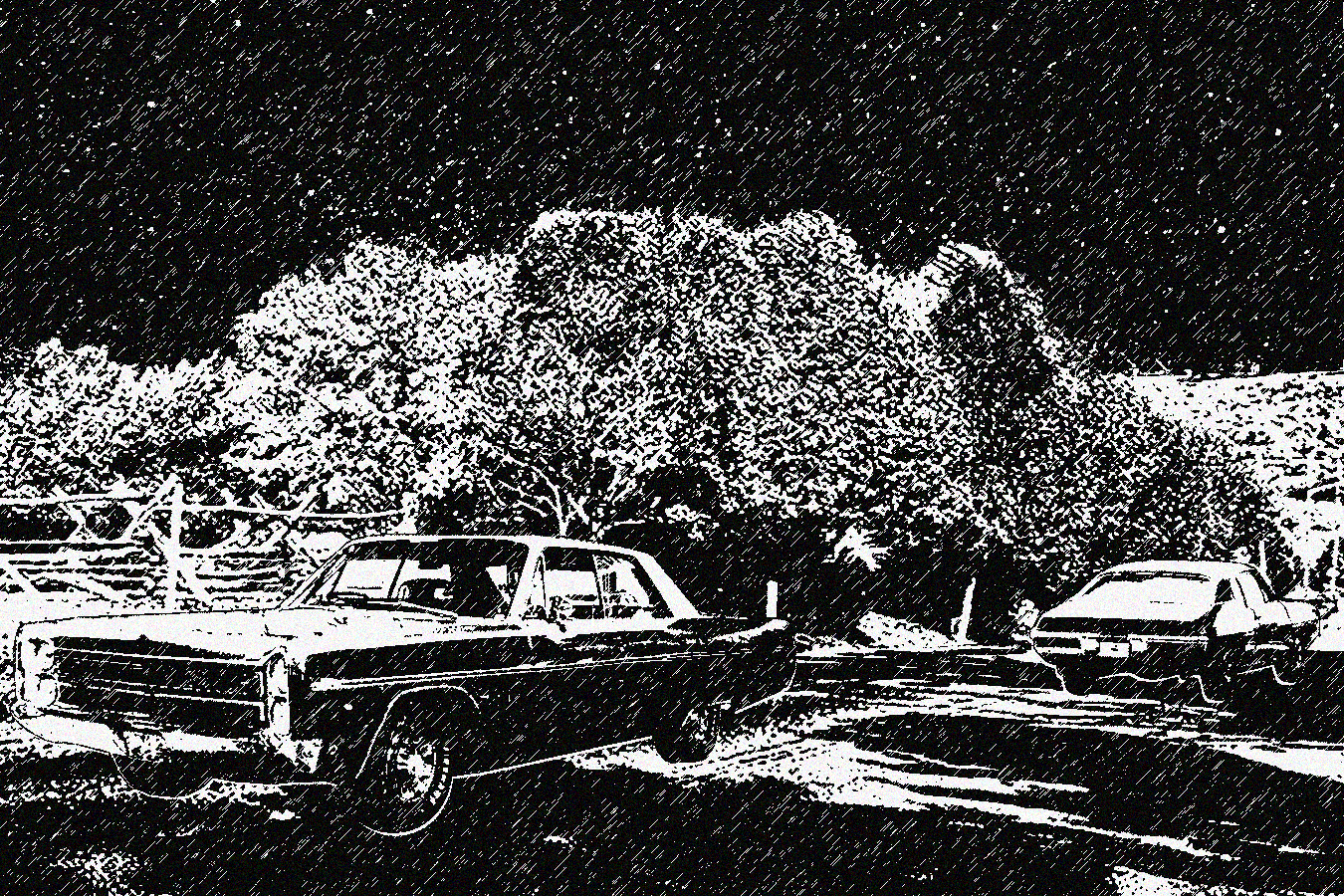 Illustration of two cars driving away in the rain